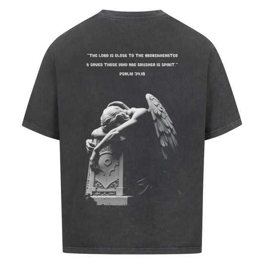 angel  oversized t shirt premium t shirt t shirt christliches t shirt christian streetwear with Psalm bedrucktes t shirt print  natural raw  beige  nudetone with psalm 34:18 the lord is close to the brokenhearted and saves those who are crushed in spirit washed black grey